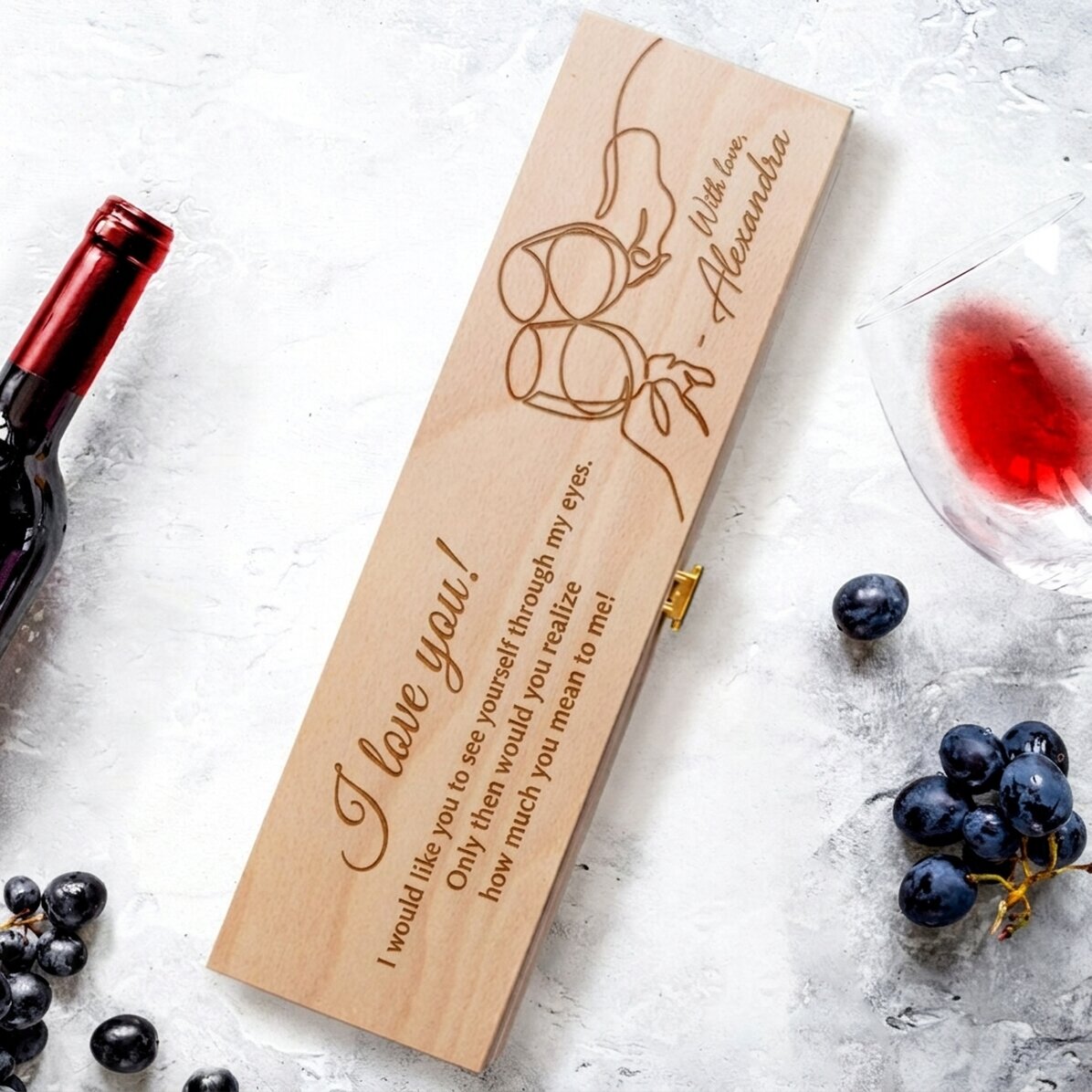 Caja de vino personalizada con mensaje y firma: «¡Te quiero!»