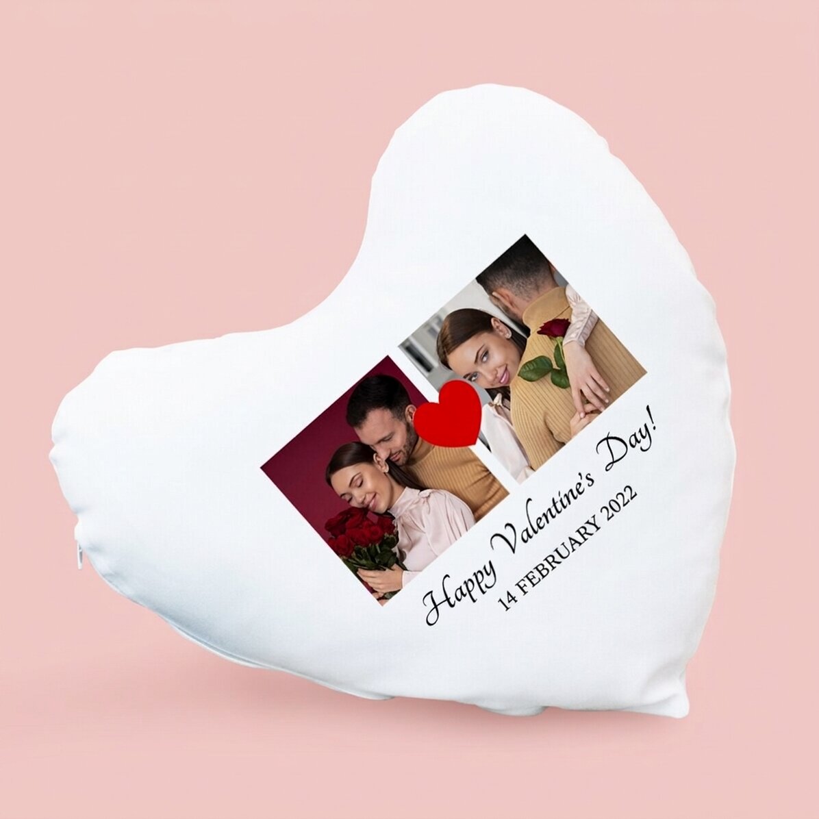 Cojín personalizado con forma de corazón, con dos fotos y un texto