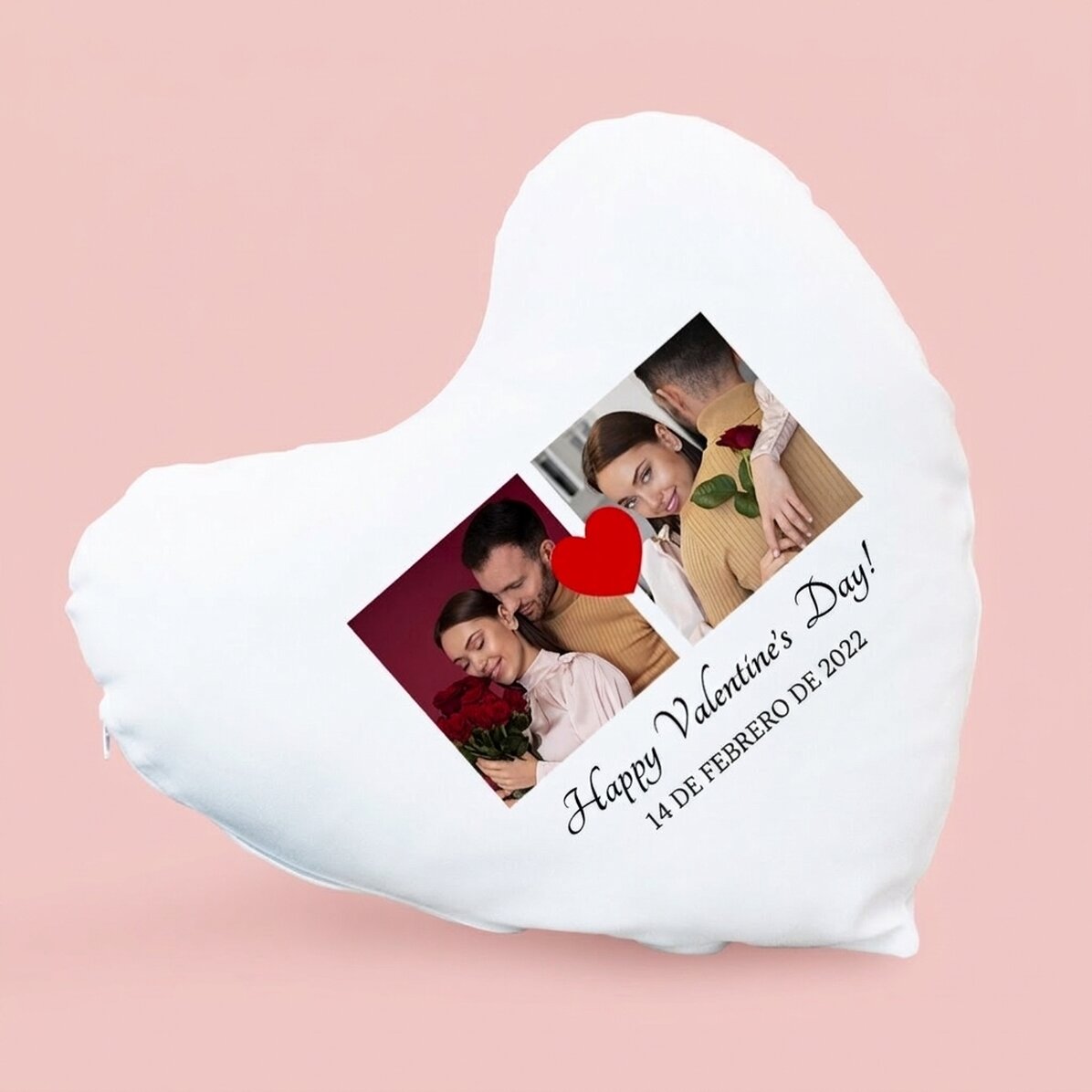 Cojín personalizado con forma de corazón, con dos fotos y un texto
