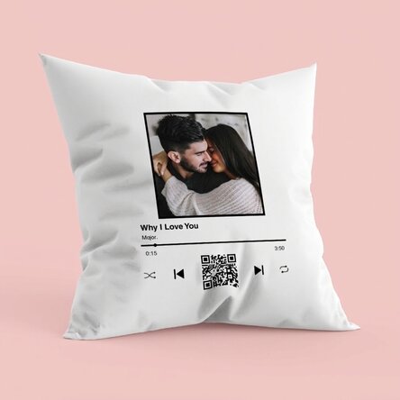 Cojín personalizado con una foto, un texto y un código QR - Nuestra canción