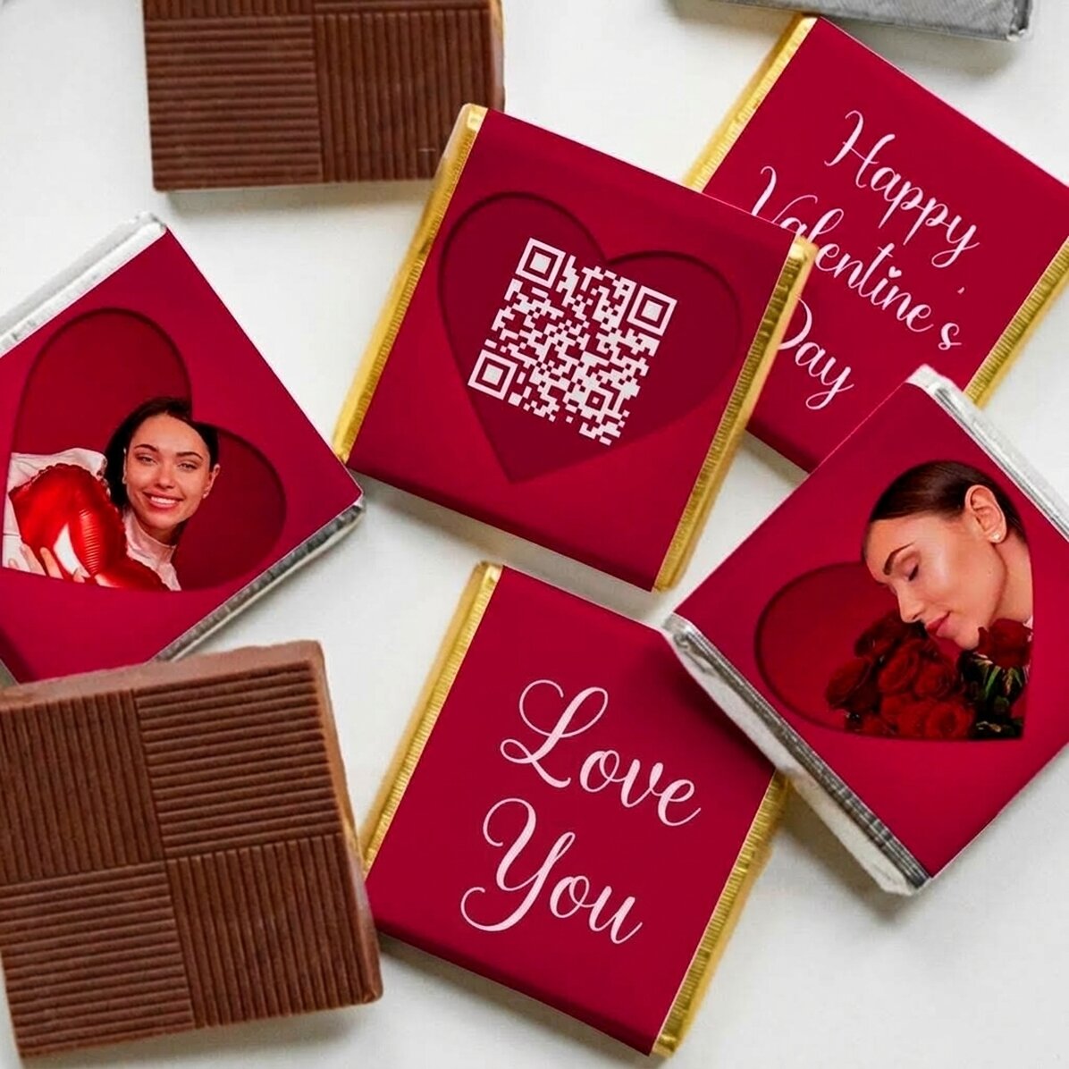 Lote de 5 minichocolates personalizados con fotos, código QR y texto - Love