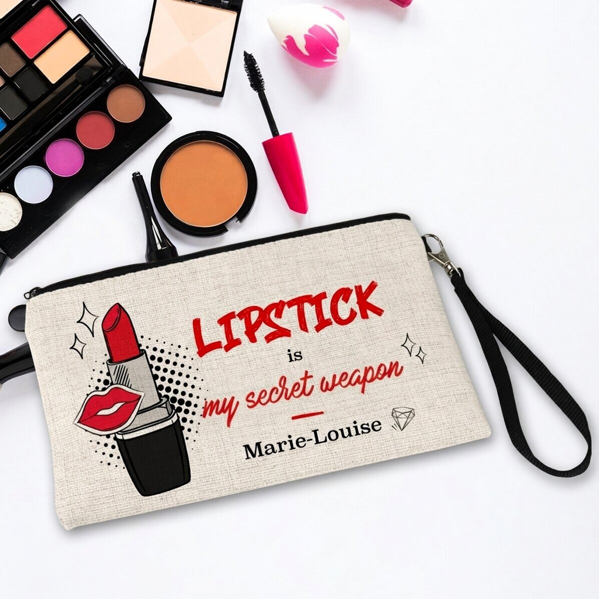 Estuche de maquillaje personalizado con texto: «My secret weapon»