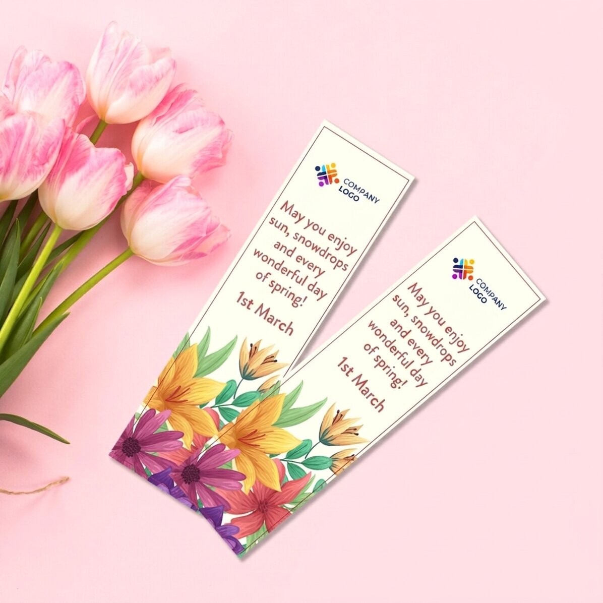 Marcapáginas personalizado con logotipo y mensaje primaveral