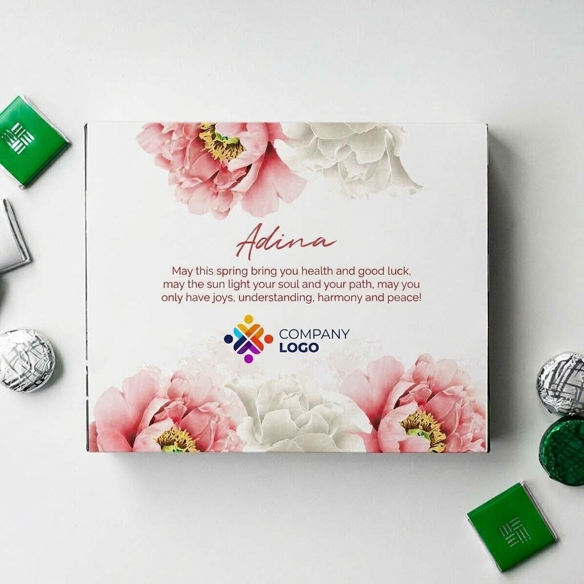 Caja de bombones personalizada con logotipo y mensaje - Hermosa primavera