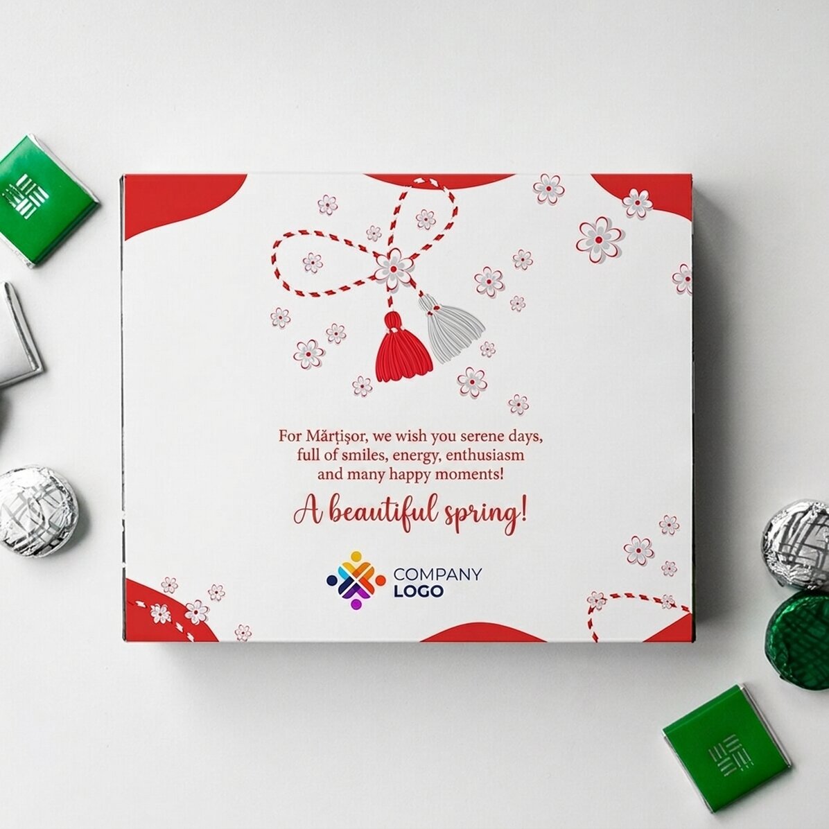 Caja de bombones personalizada con logotipo y mensaje