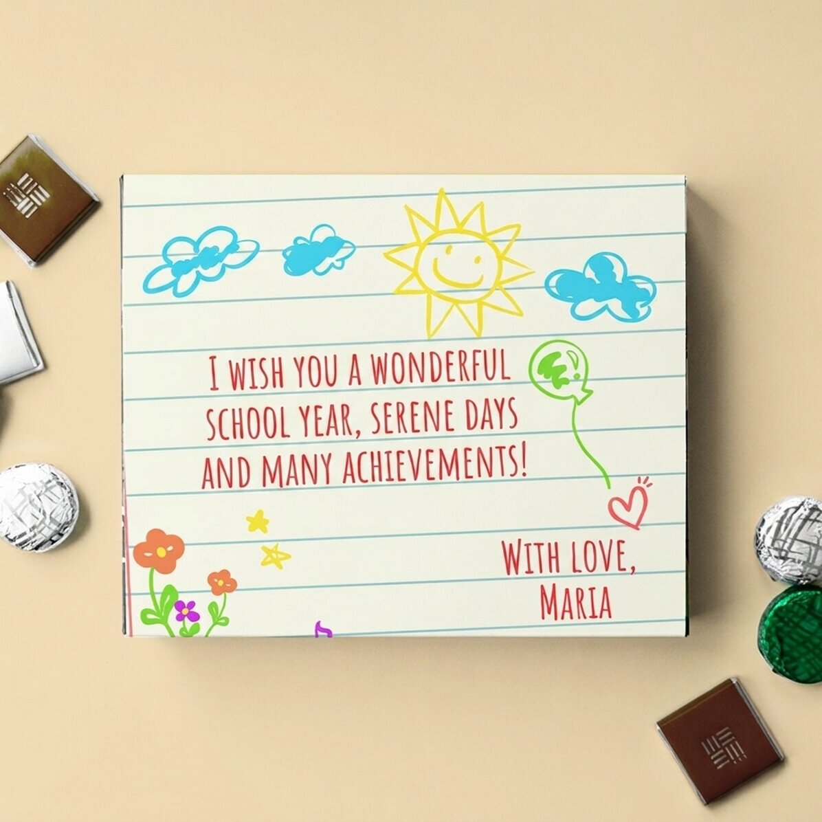 Caja de bombones personalizada con un mensaje para las maestras de infantil