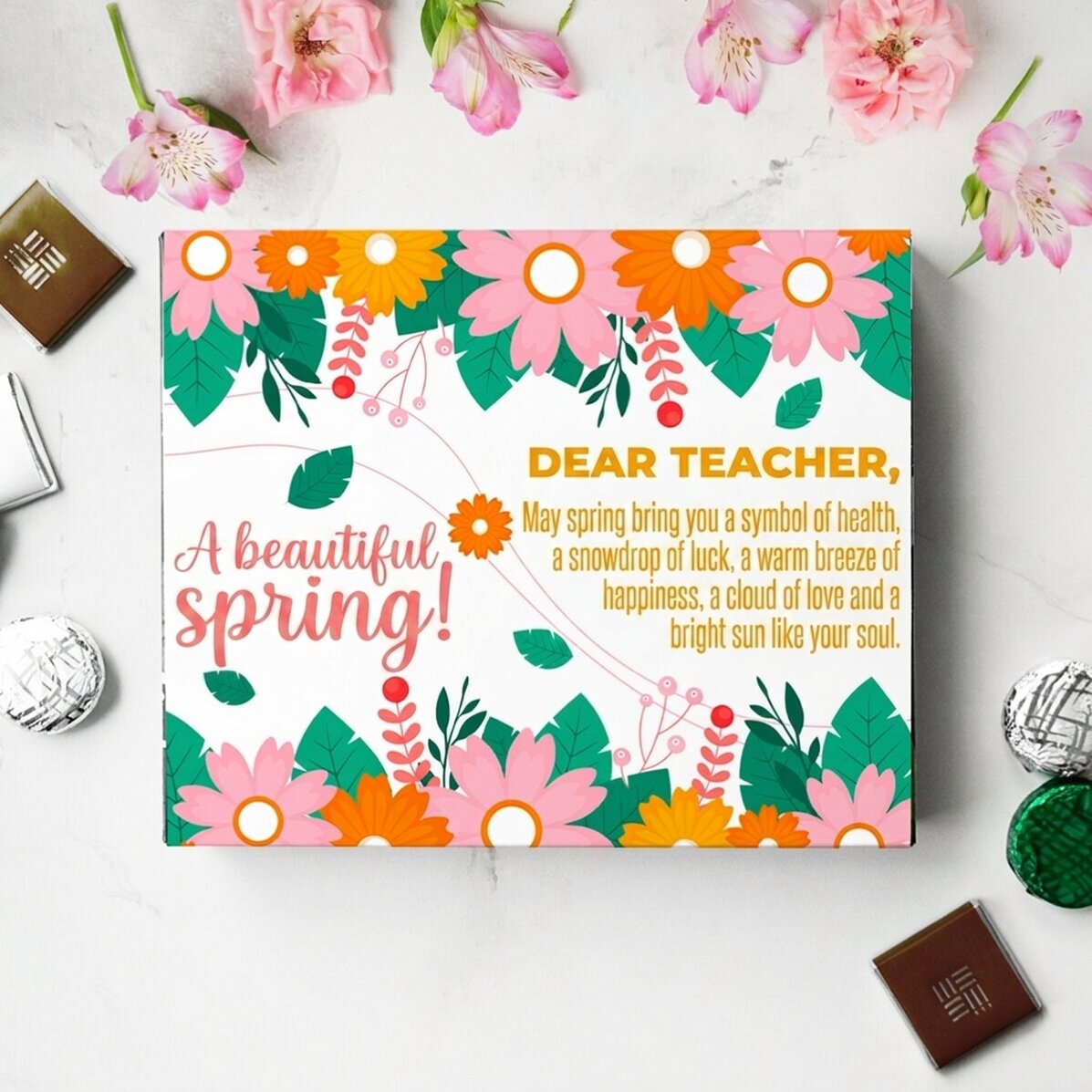 Caja de bombones personalizada con texto - Primavera en flor