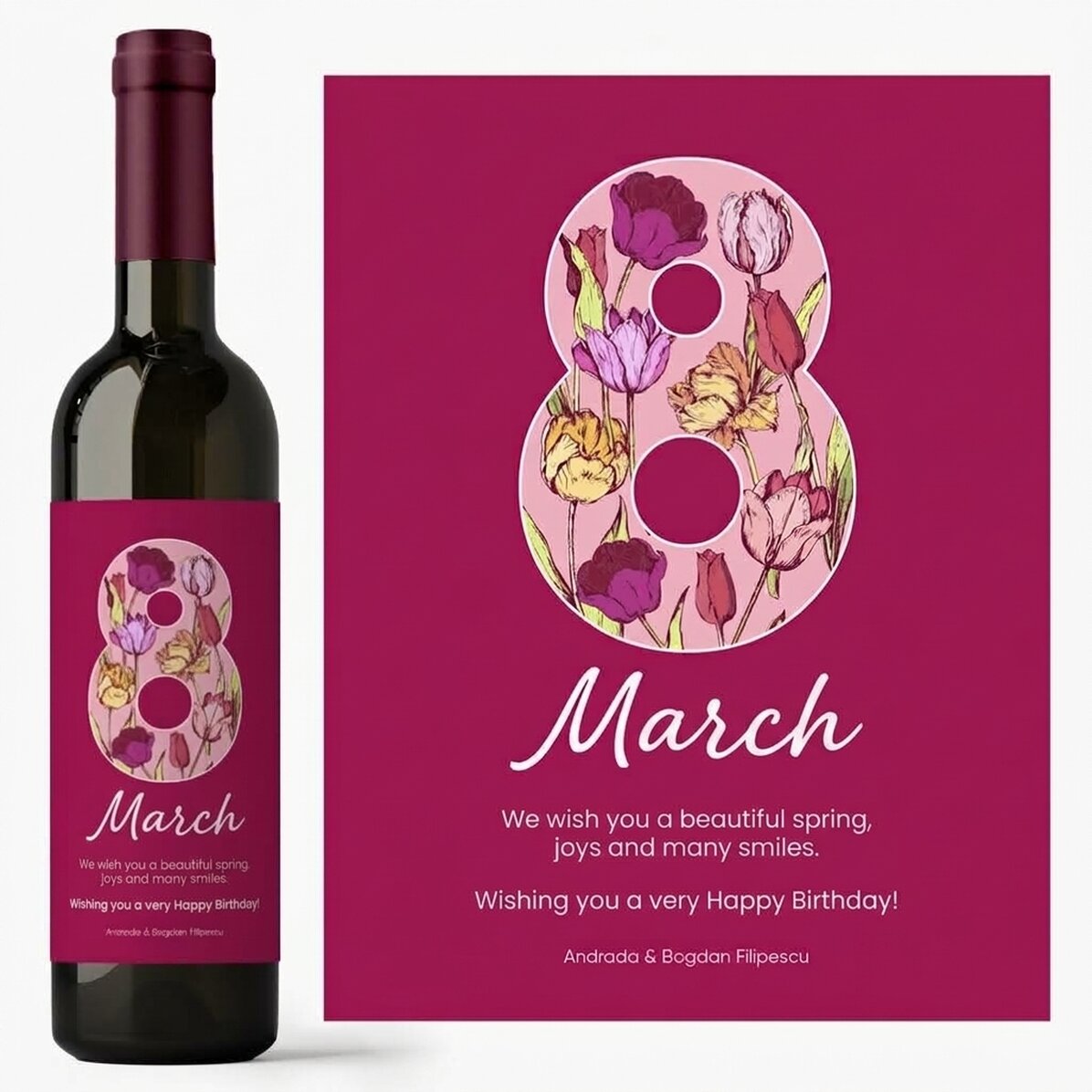 Vino personalizado con un mensaje para el 8 de marzo