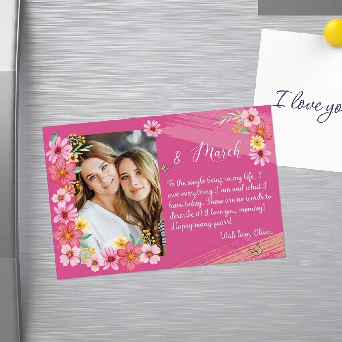 Imán de 15 x 10 cm personalizado con una foto y un texto - 8 de marzo