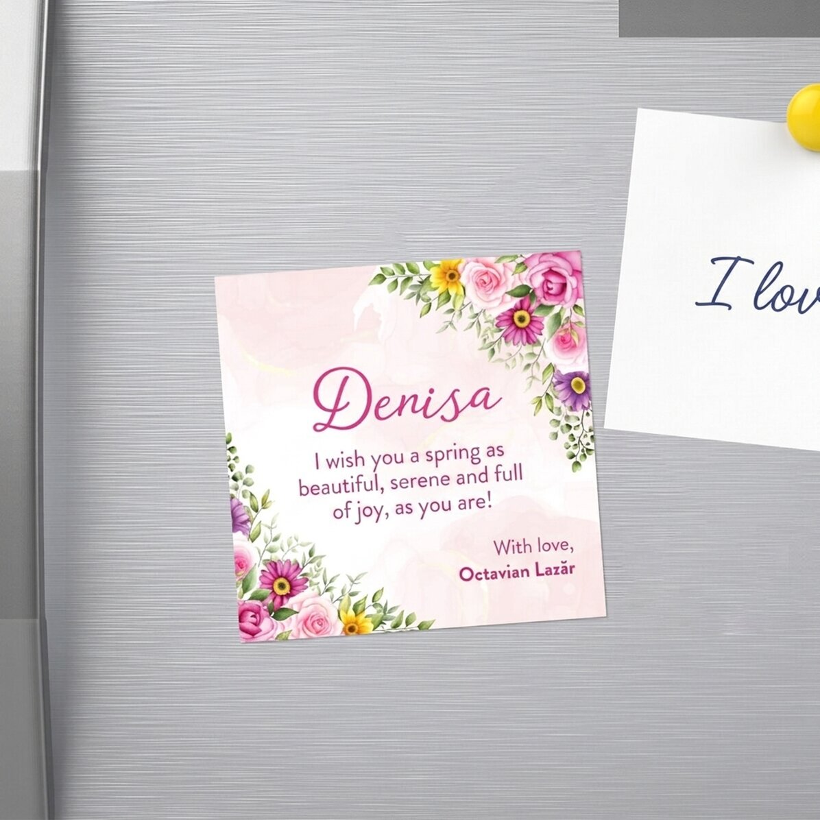 Imán personalizado de 10x10 con texto: «¡Qué bonita es la primavera!»