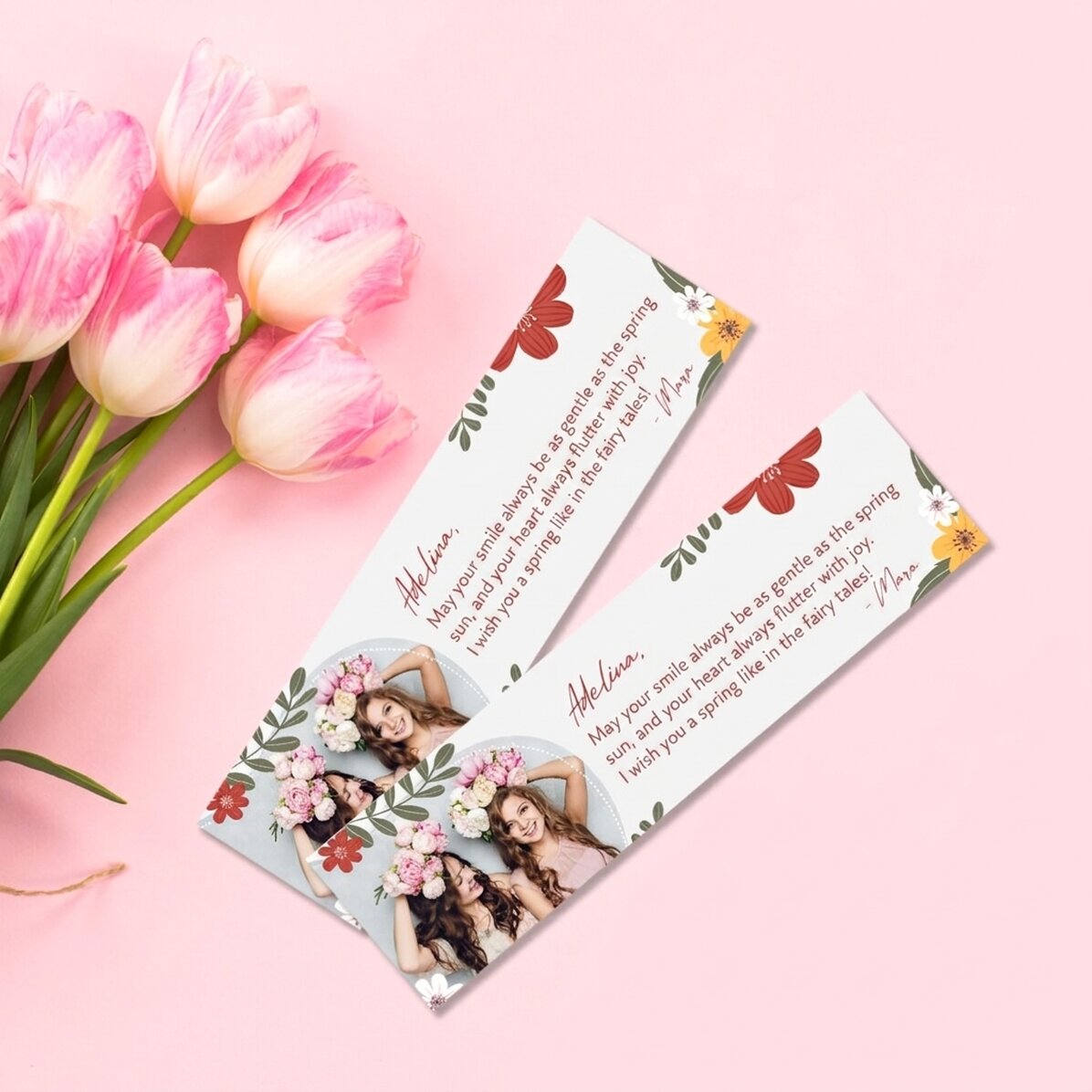 Marcapáginas personalizado con una foto y un mensaje - Primavera