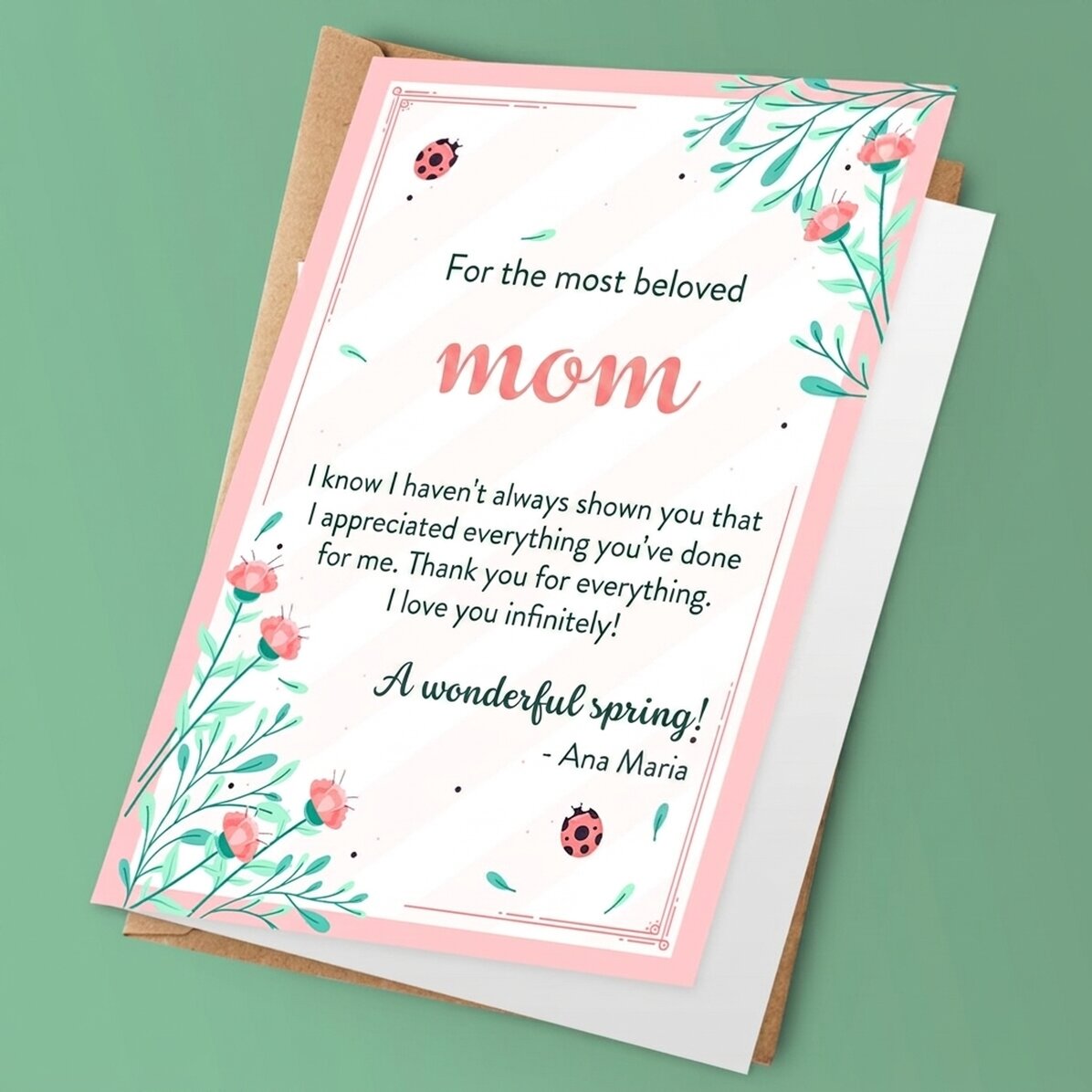 Tarjeta de felicitación personalizada con texto: «Una primavera serena»