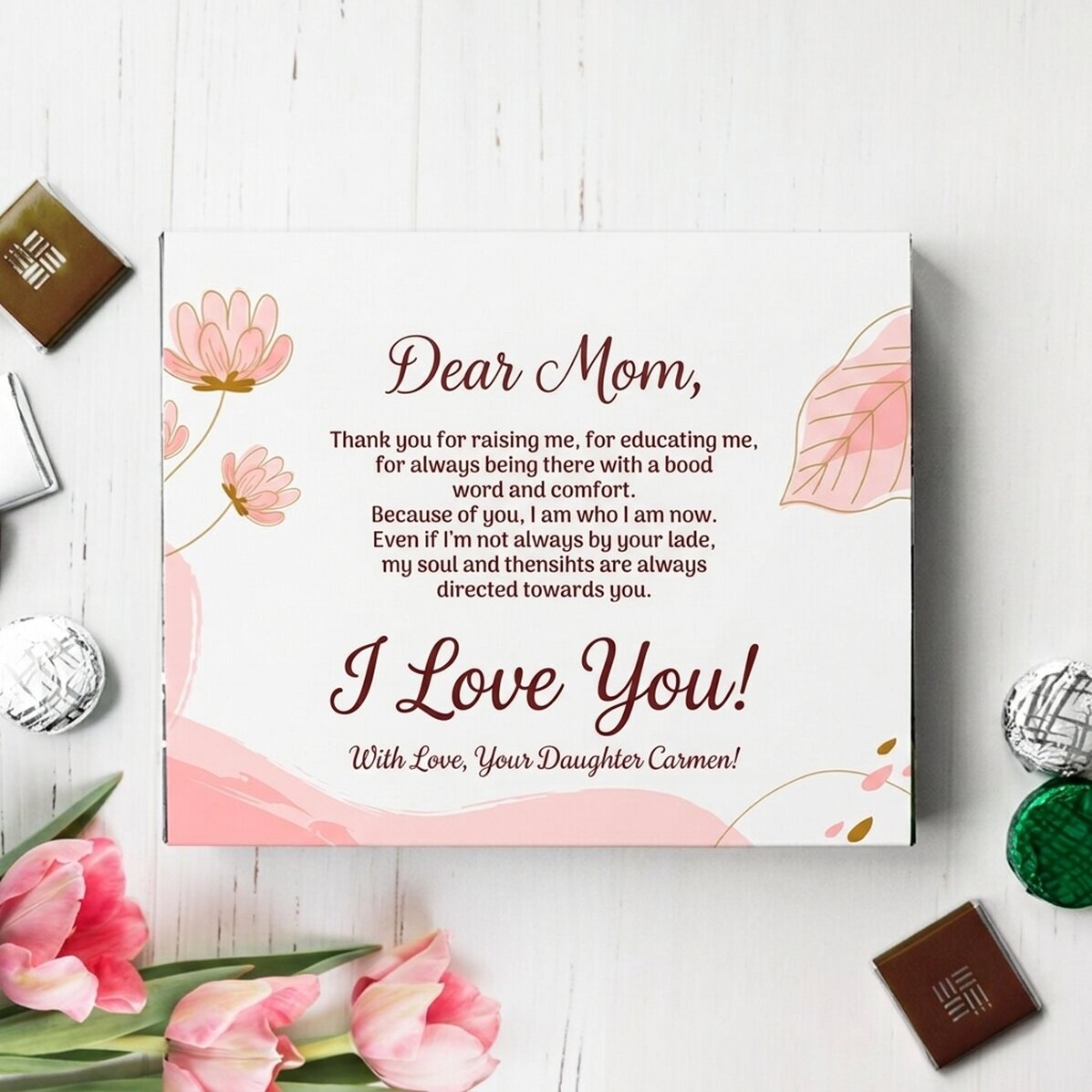 Caja de bombones personalizada con el texto: «¡Mi querida mamá!»