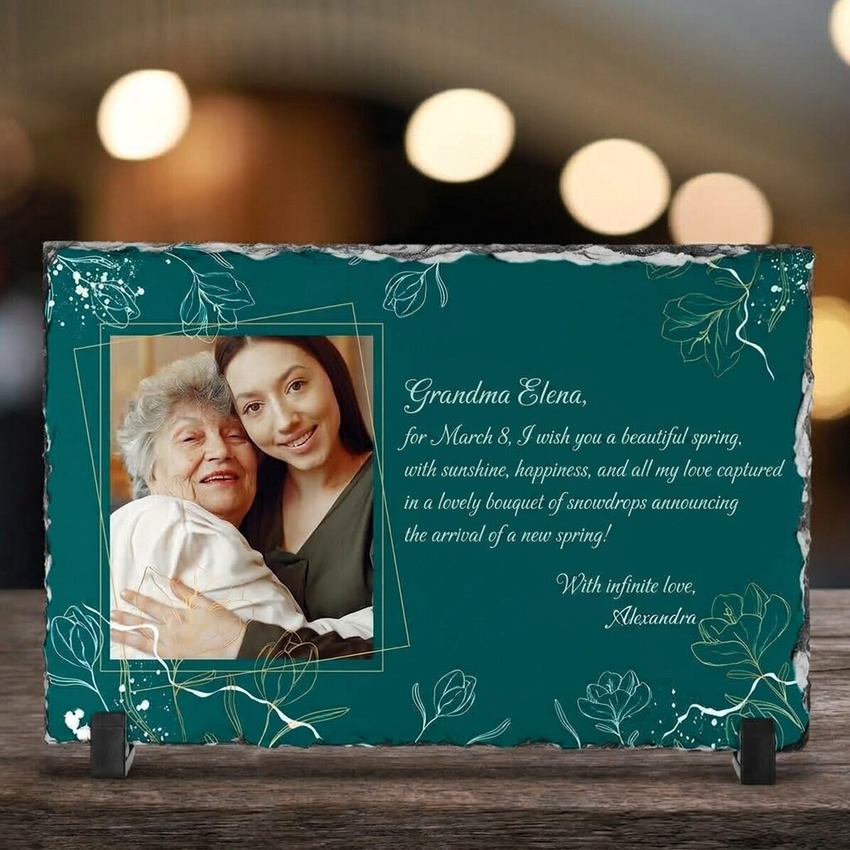Placa de pizarra personalizada con una foto y un mensaje - Flowers