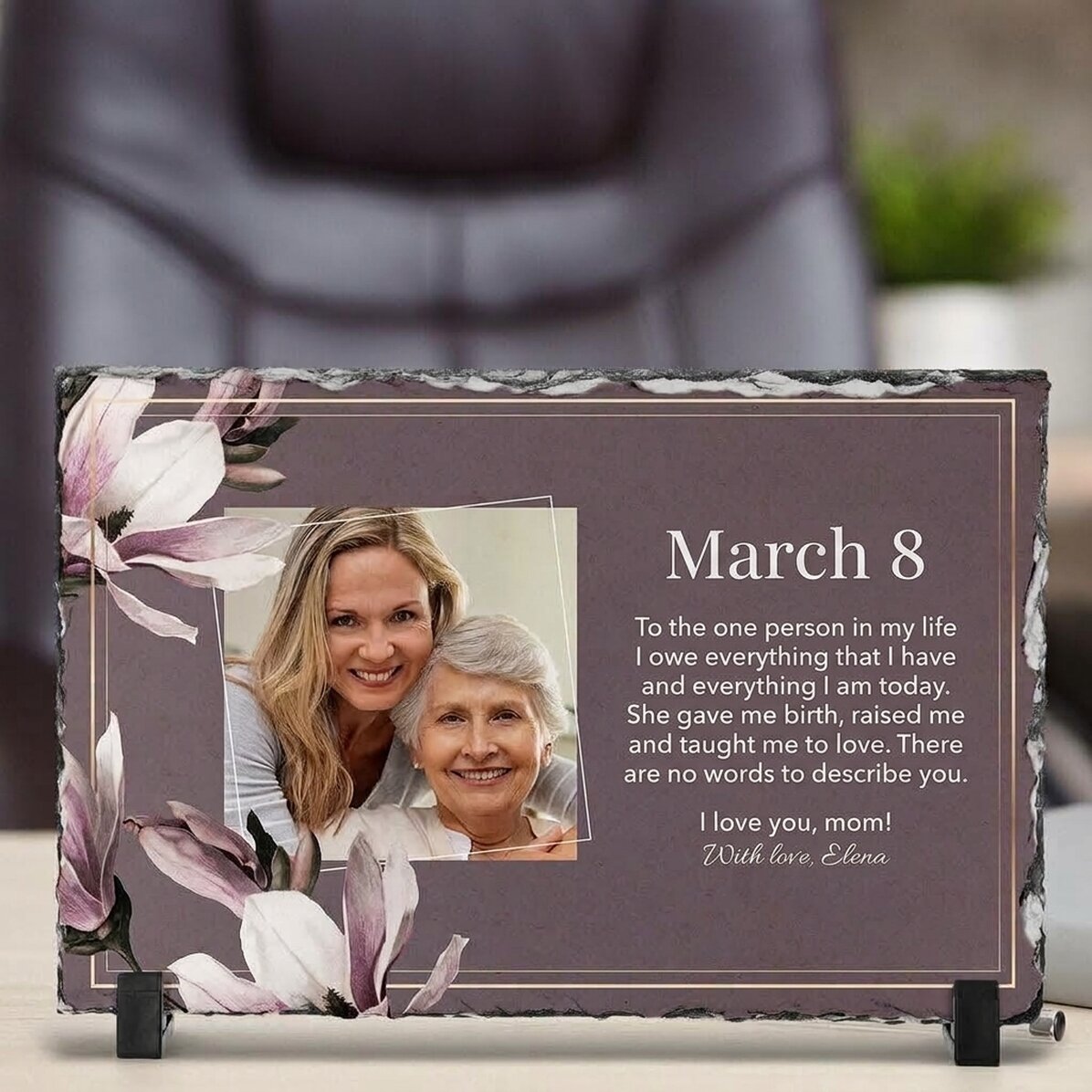 Placa de pizarra personalizada con una foto y un mensaje - 8 de marzo