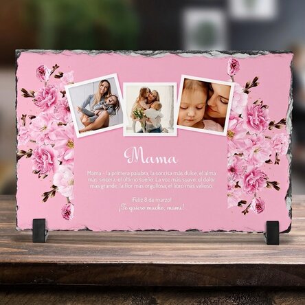Placa de pizarra personalizada con tres fotos y un mensaje para mamá