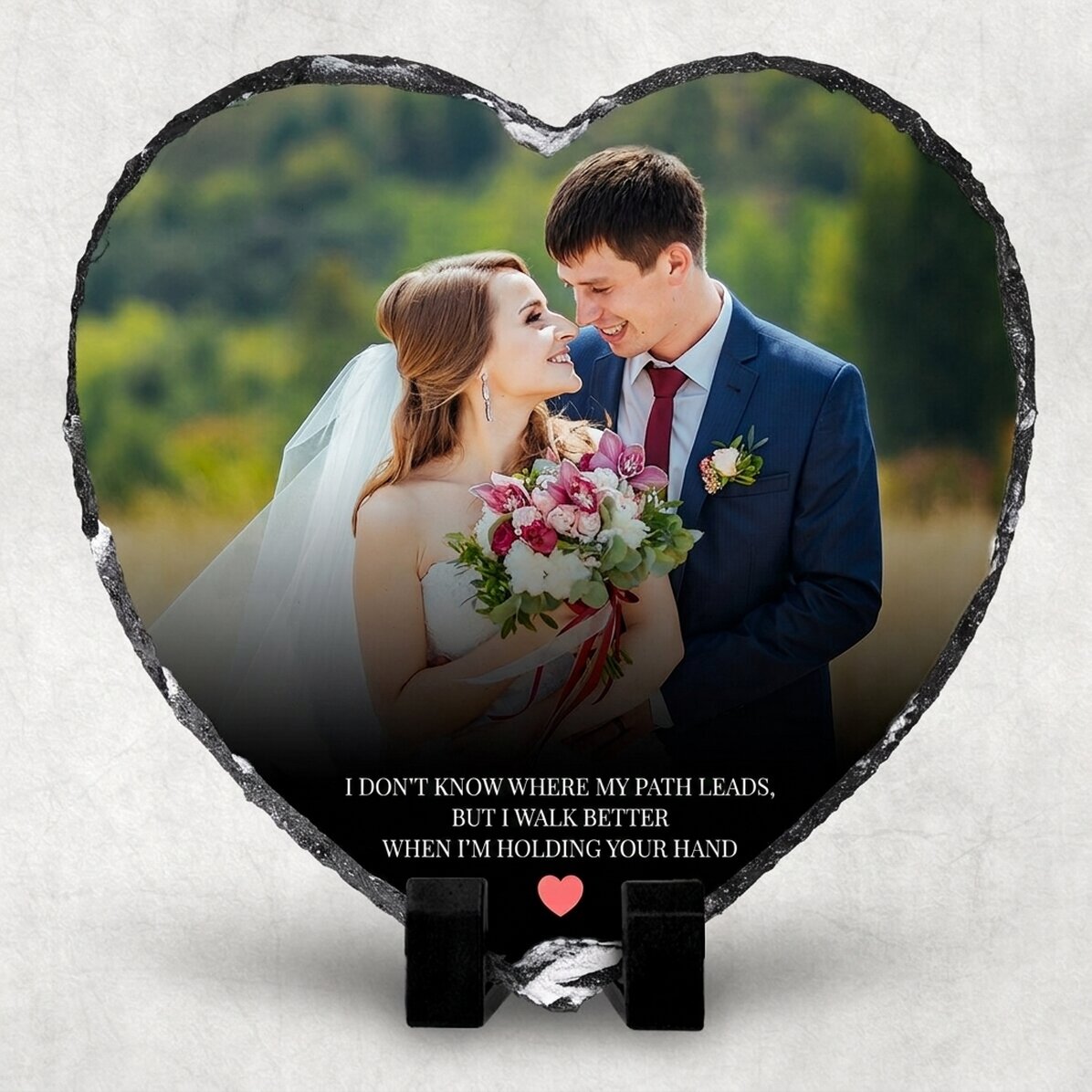 Pizarra con forma de corazón personalizada con un mensaje y una foto - Heart