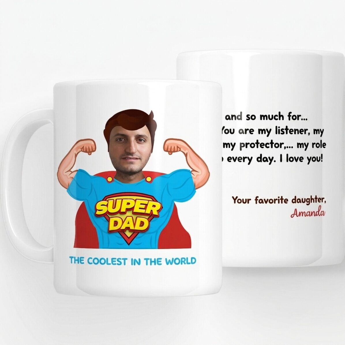 Taza personalizada con una foto y un mensaje: «Papá, mi héroe»
