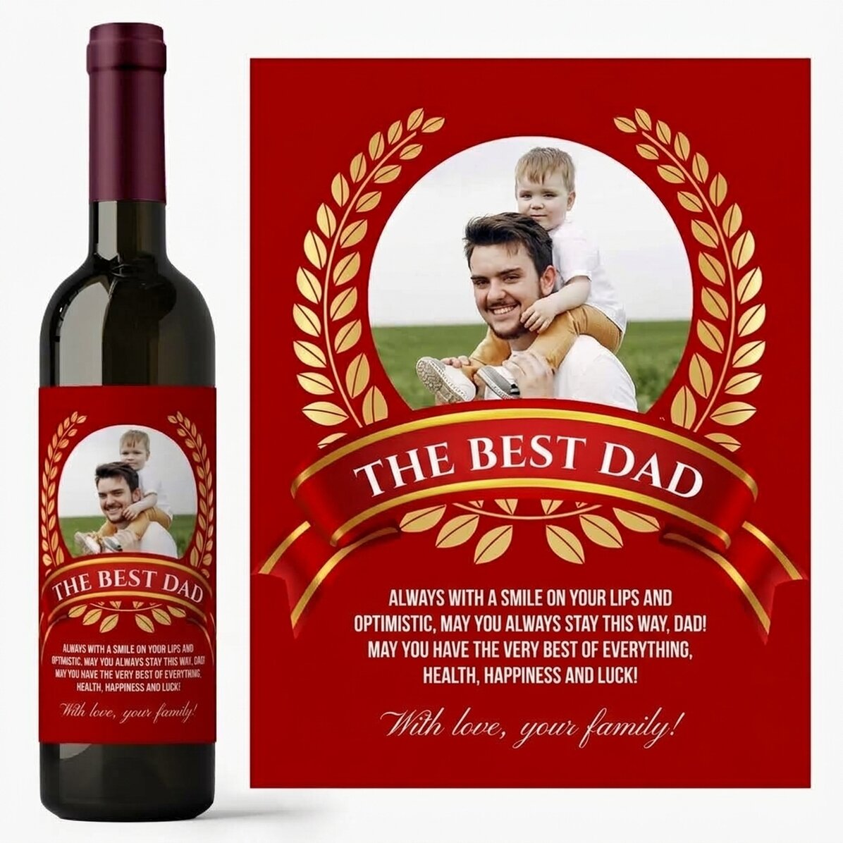 Vino personalizado con un texto y una foto para papá: «El mejor papá»