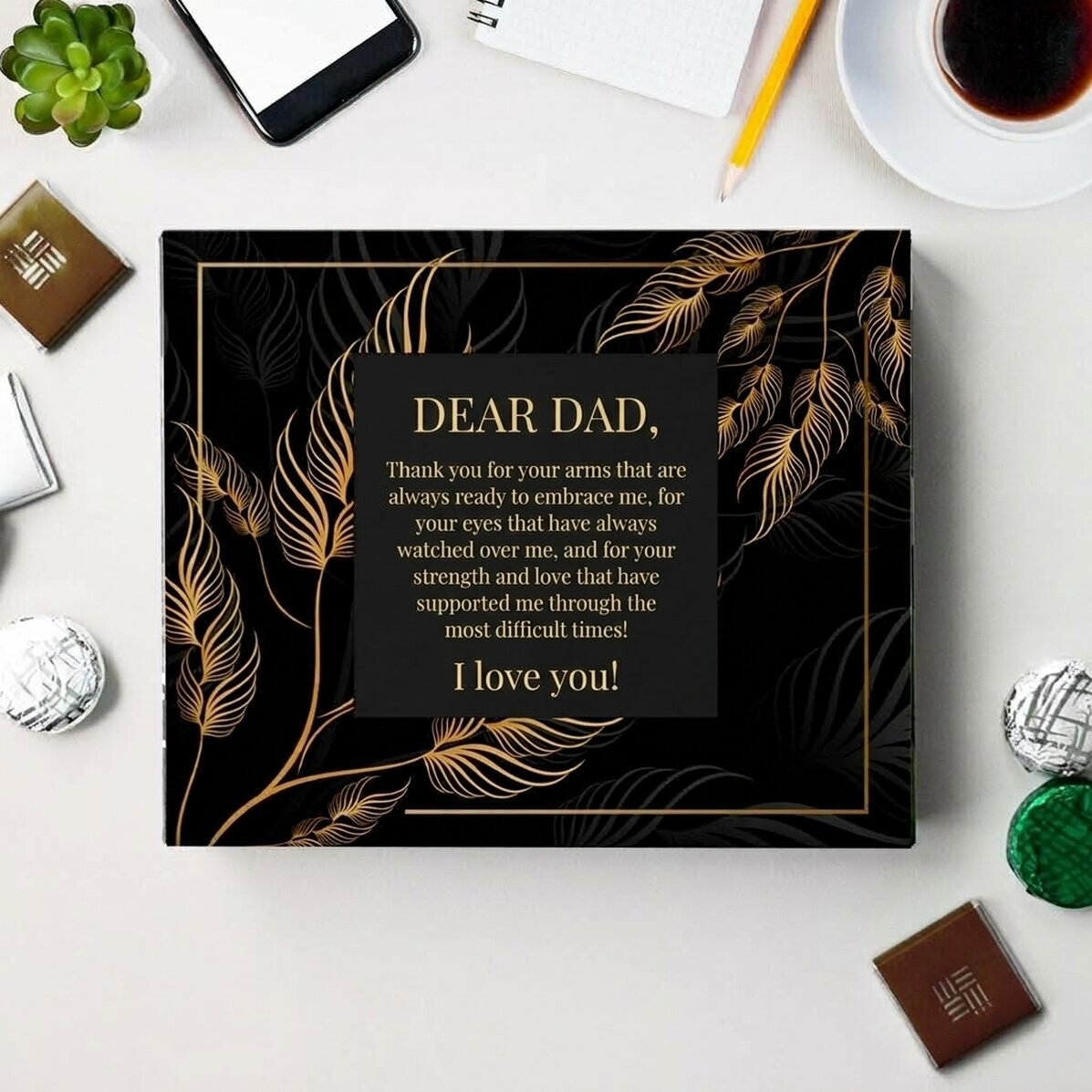 Caja de bombones personalizada con el texto «Querido papá»