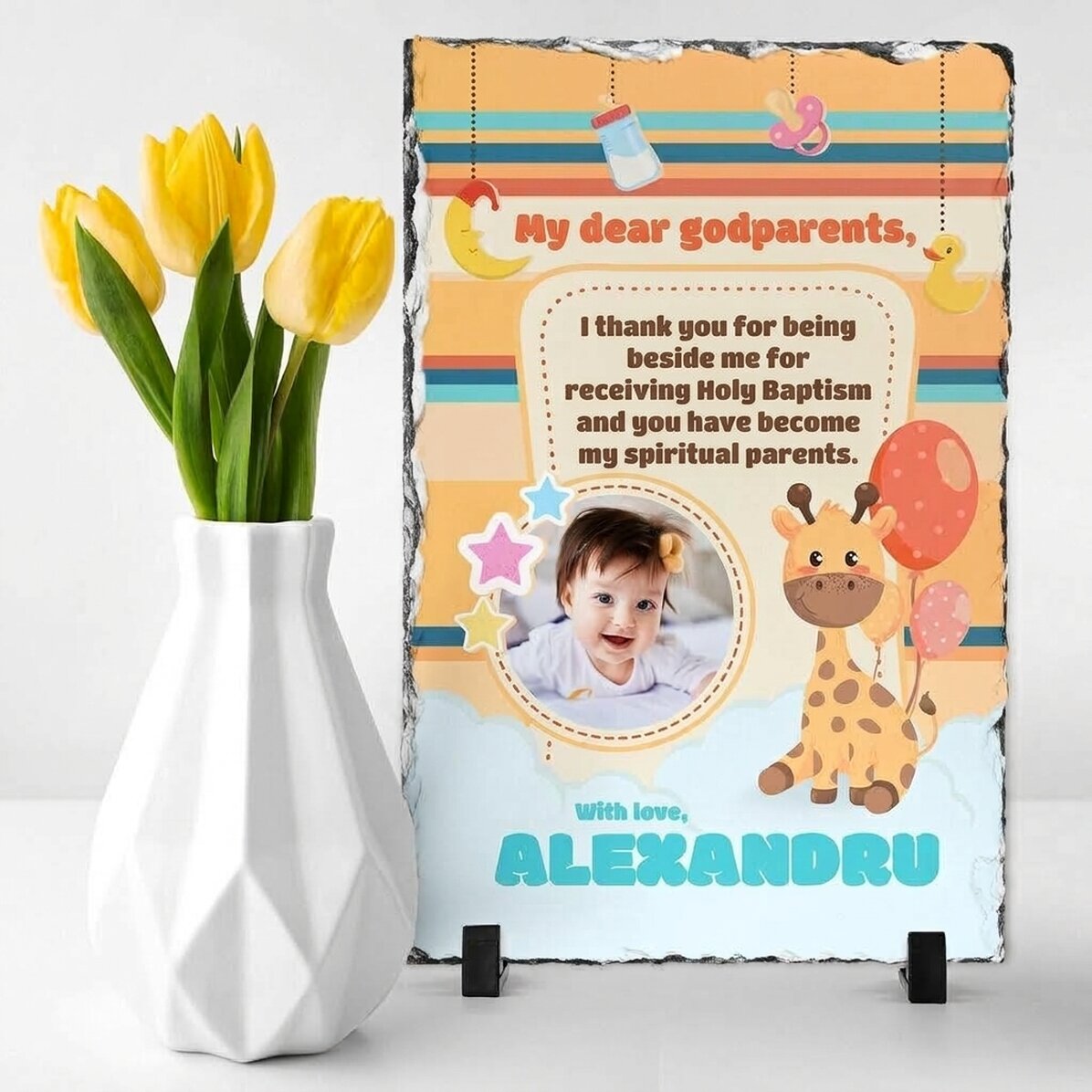 Placa de pizarra personalizada con una foto y un mensaje para los padrinos de bautizo - Gracias