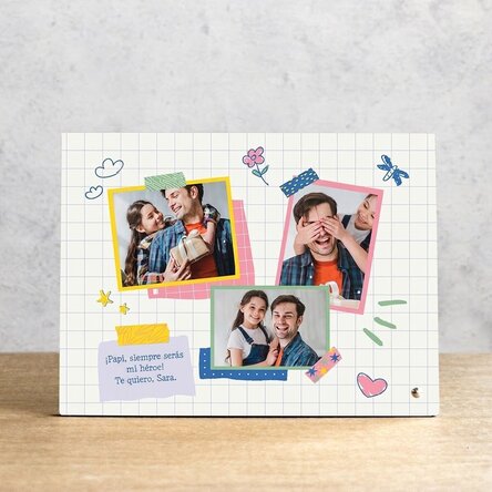 Marco de fotos de escritorio personalizado con 3 fotos y un mensaje: «Papá, mi héroe»