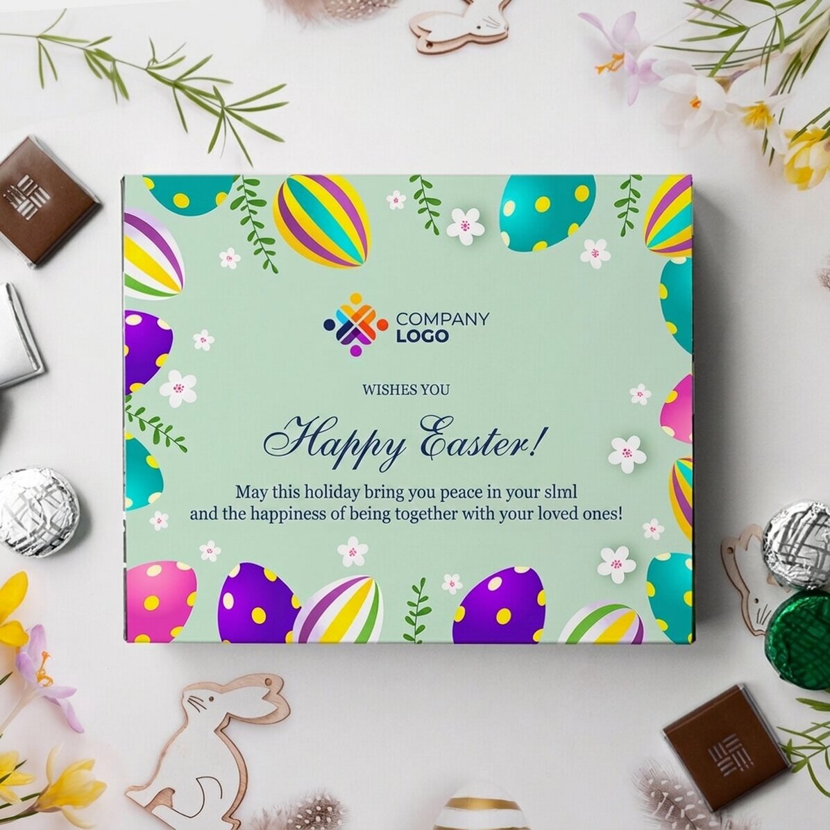 Caja de bombones personalizada con logotipo y mensaje: ¡Feliz Pascua!