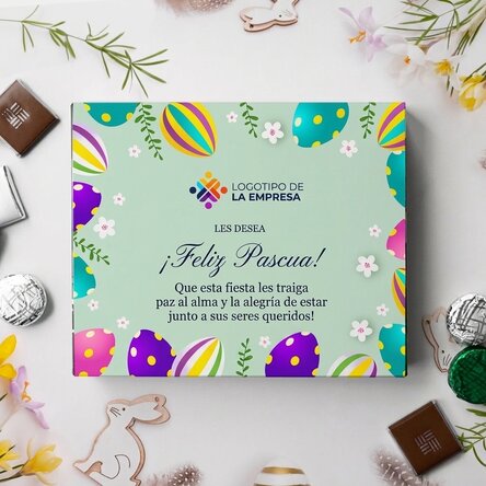 Caja de bombones personalizada con logotipo y mensaje: ¡Feliz Pascua!