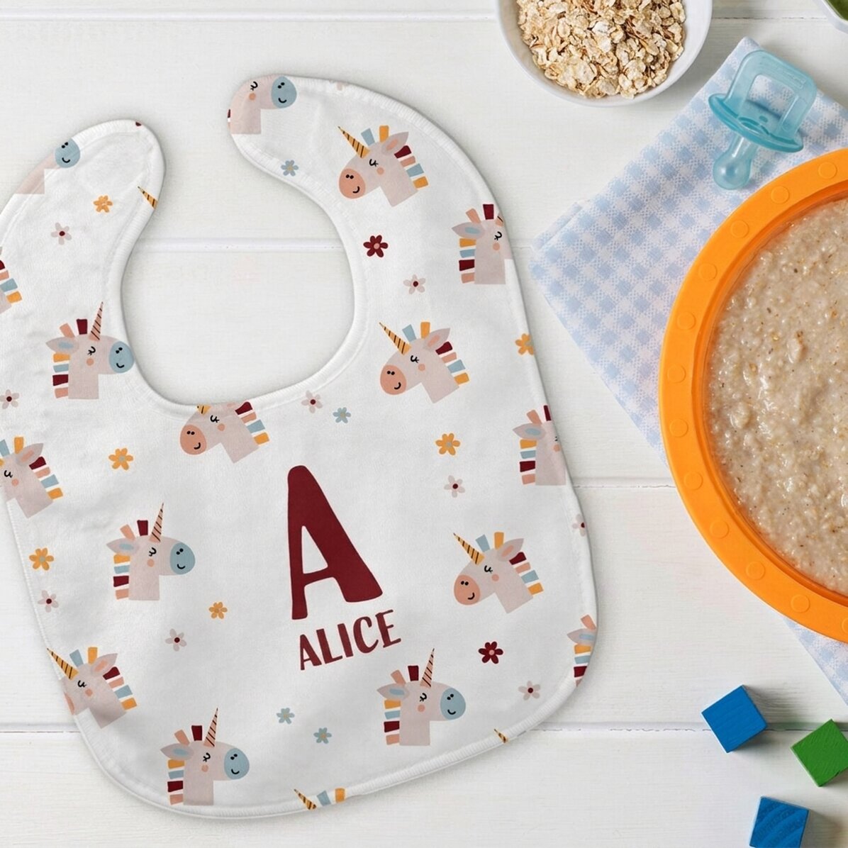 Babero para bebé personalizado con nombre - Unicornios
