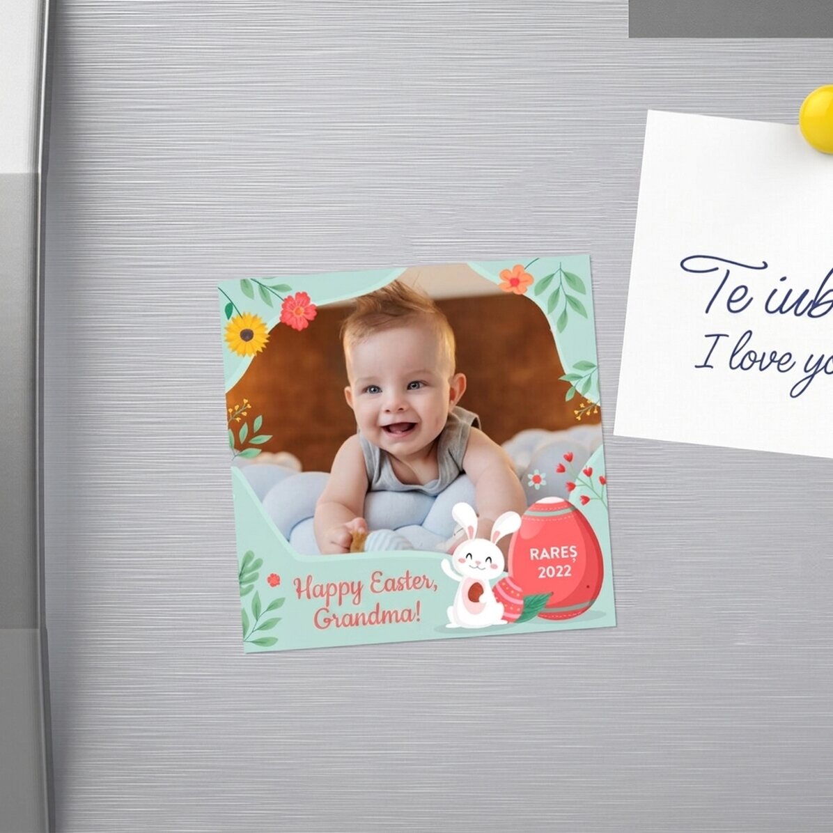 Imán de 10x10 personalizado con una foto y un texto - ¡Feliz Pascua!