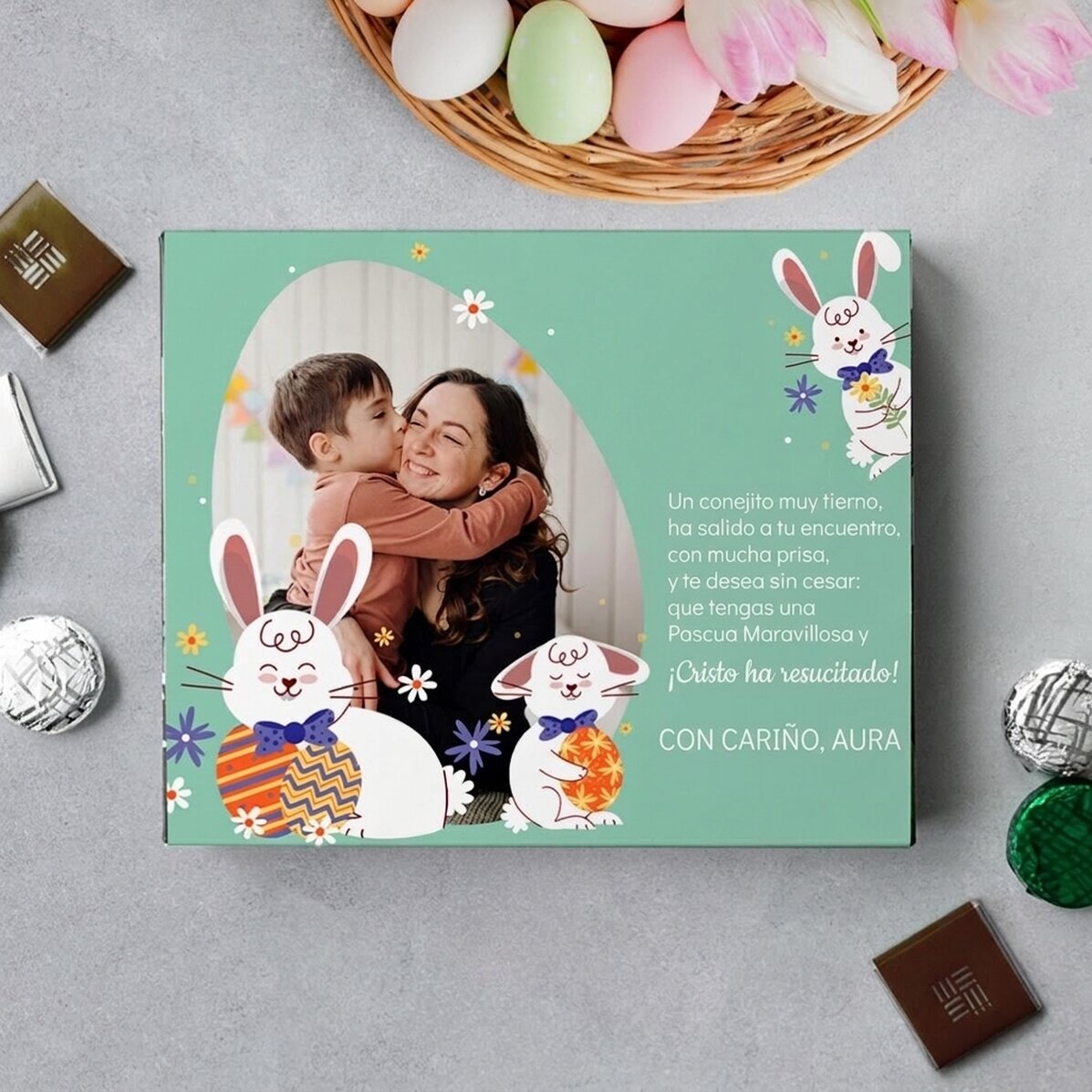 Caja de bombones personalizada con una foto y un mensaje - Conejito