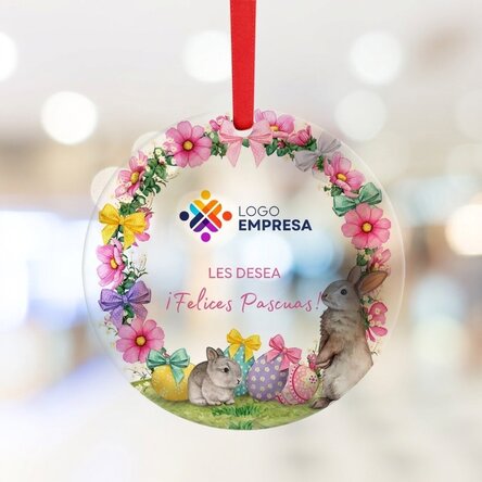 Adorno redondo personalizado con logotipo y texto: «¡Feliz Pascua!»