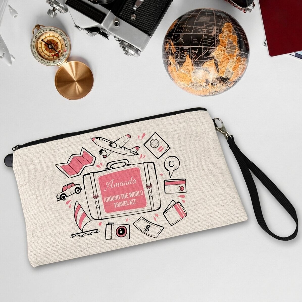 Set de accesorios personalizado con texto: «La vuelta al mundo»