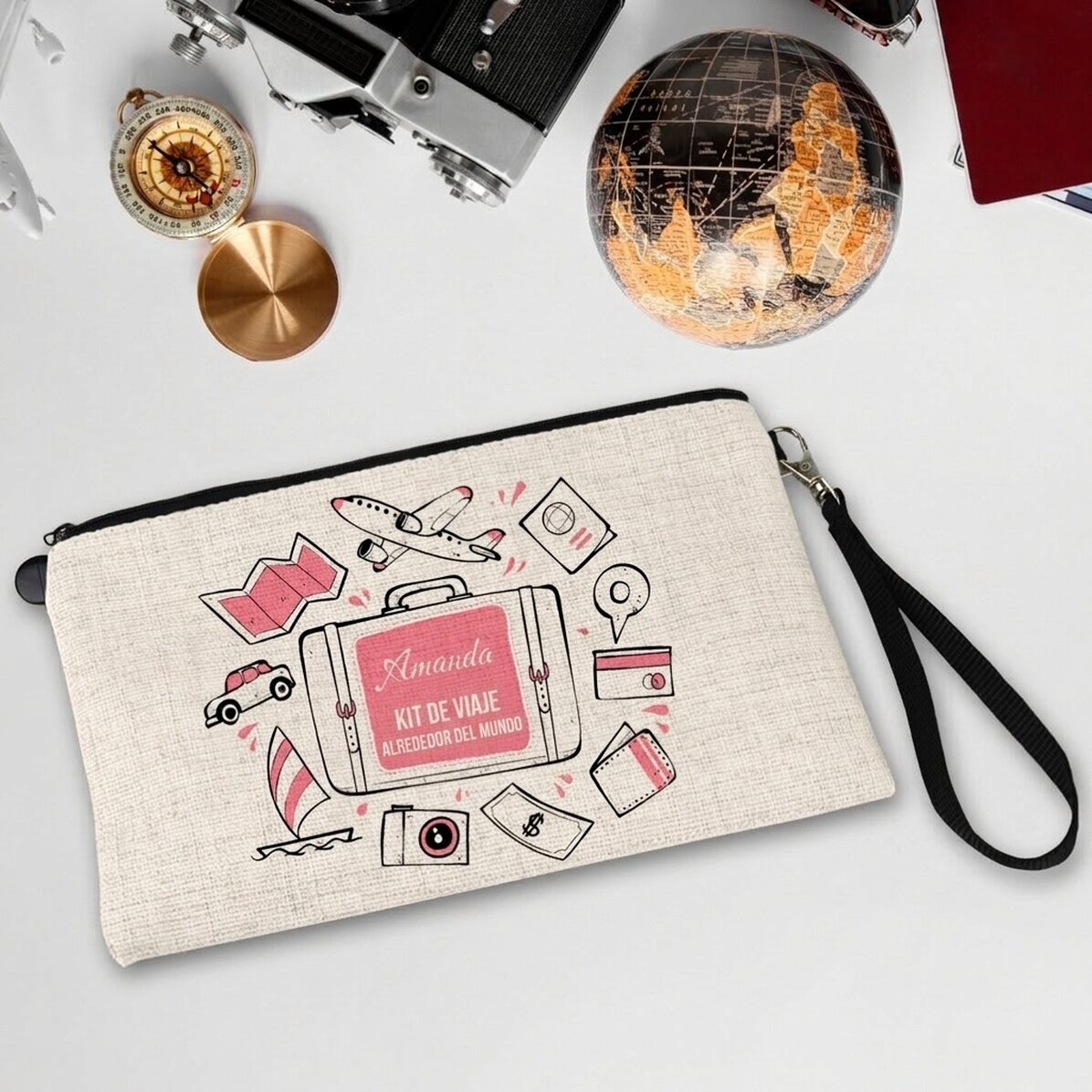 Set de accesorios personalizado con texto: «La vuelta al mundo»
