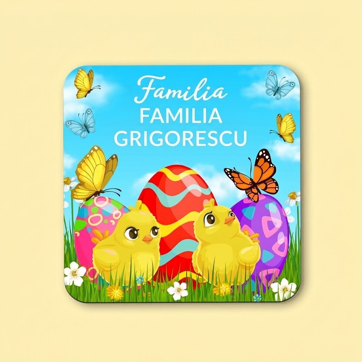 Posavasos personalizado con texto: «Feliz Pascua»
