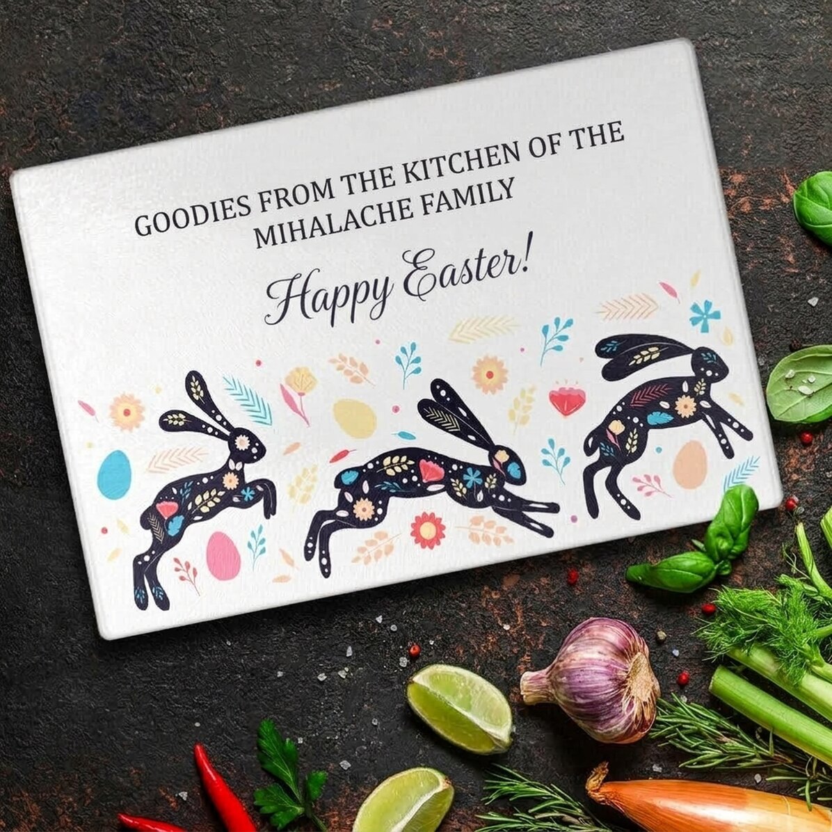 Personalised glass chopping board with text - Happy Easter!