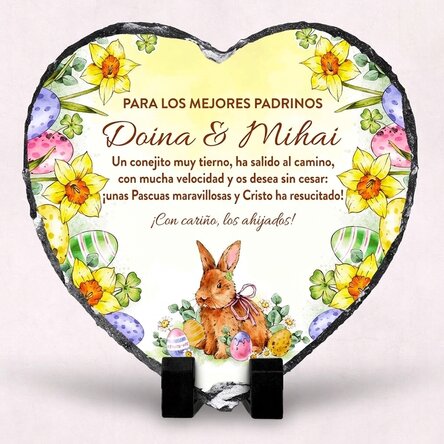 Pizarra con forma de corazón personalizada con un mensaje y una foto para los padrinos - Feliz Pascu
