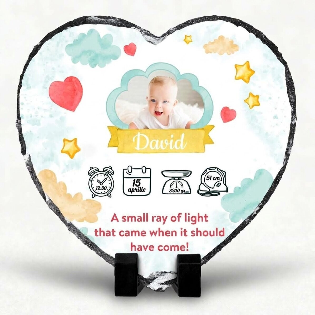 Pizarra con forma de corazón personalizada con mensaje y foto - Rayo de luz
