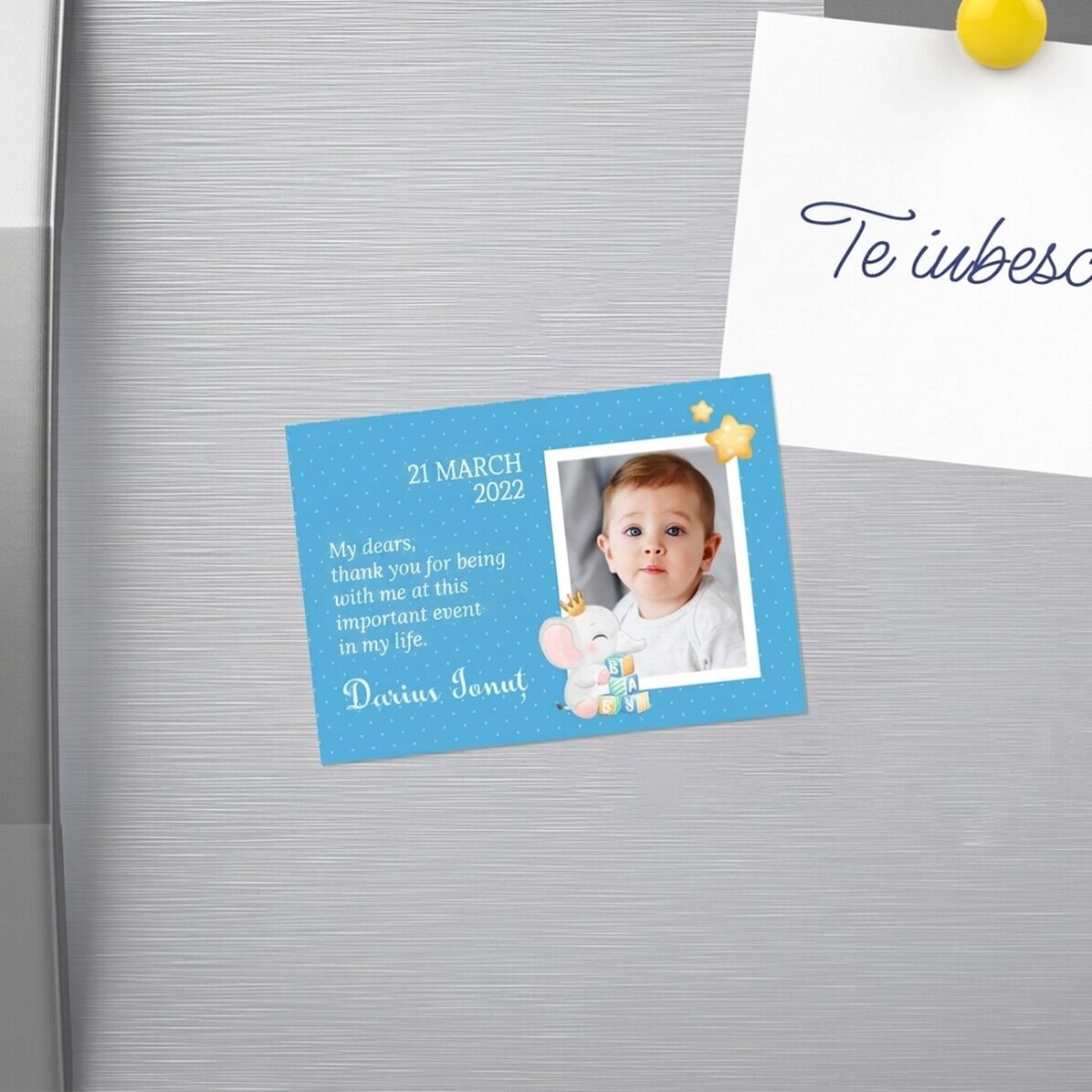 Imán de 10 x 7 cm personalizado con una foto y un texto - Recuerdo de bautizo