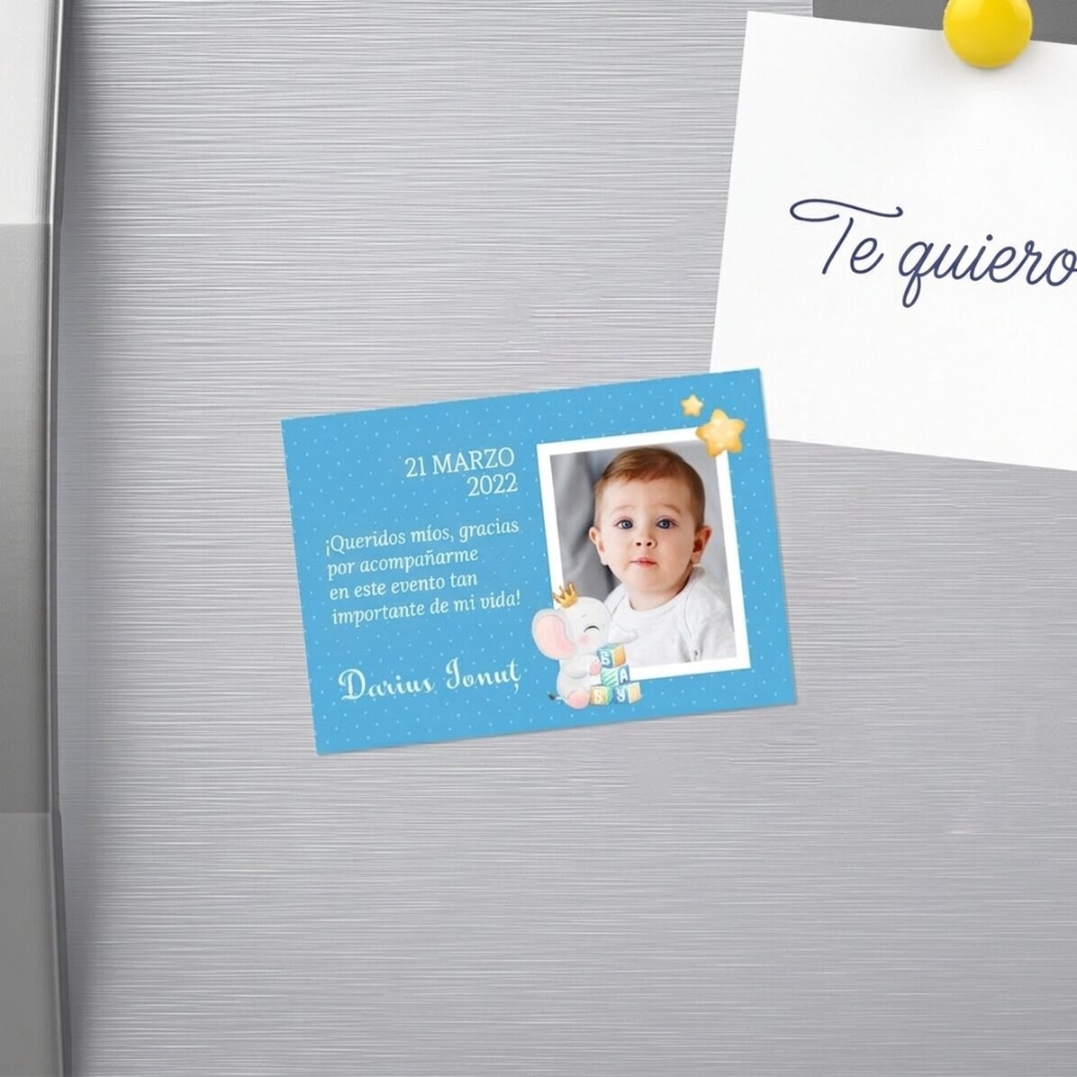 Imán de 10 x 7 cm personalizado con una foto y un texto - Recuerdo de bautizo