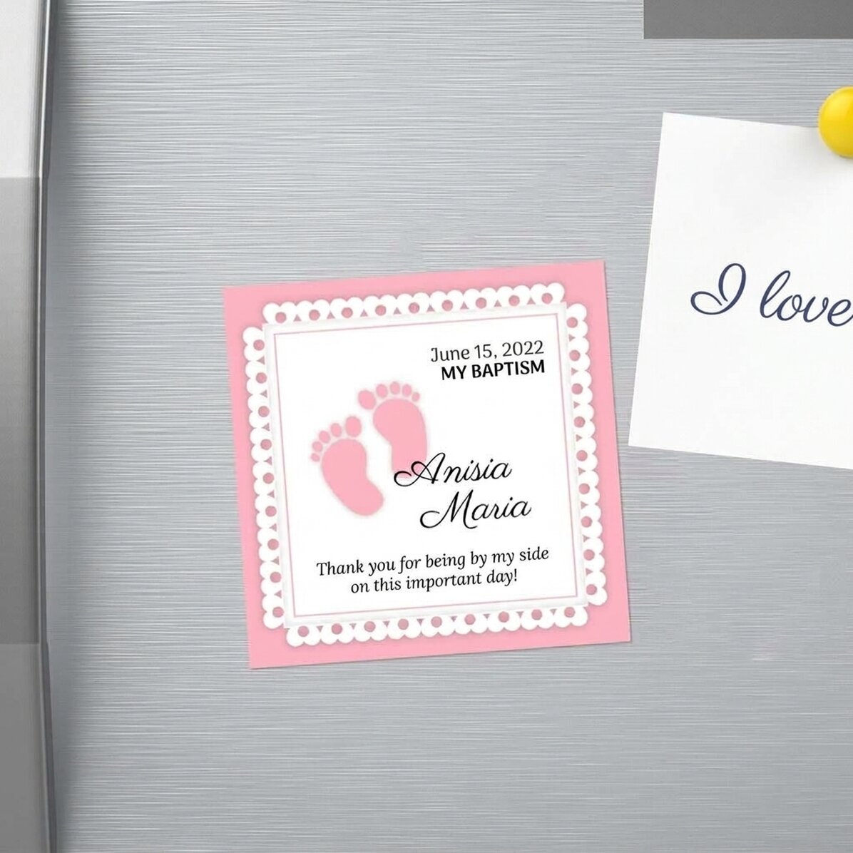 Imán de recuerdo para bautizo de 10x10 personalizado con texto - Picioruse