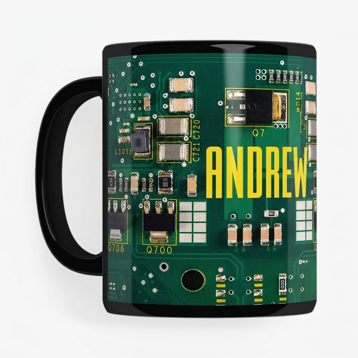Taza negra personalizada con texto para los apasionados de la electrónica - Motherboard