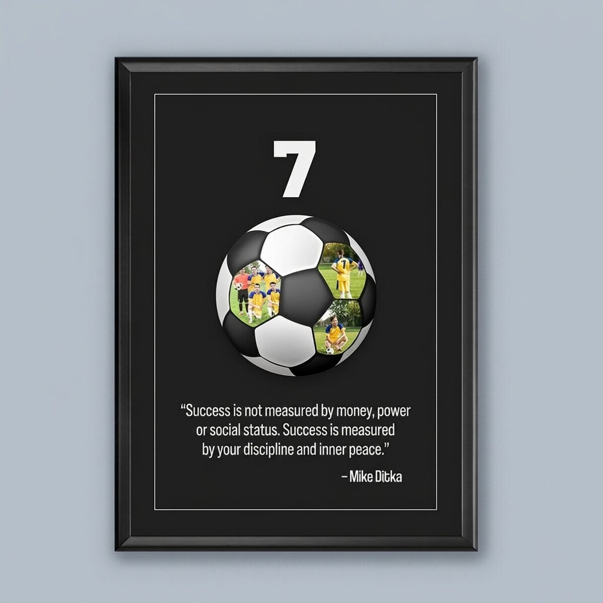 Cuadro personalizado con texto y 3 fotos - Balón de fútbol