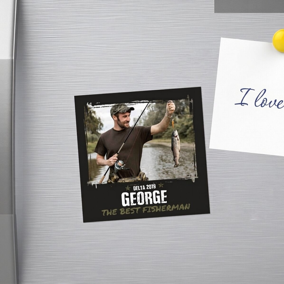 Iman personalizado de 10x10 con foto y texto: «El mejor pescador»
