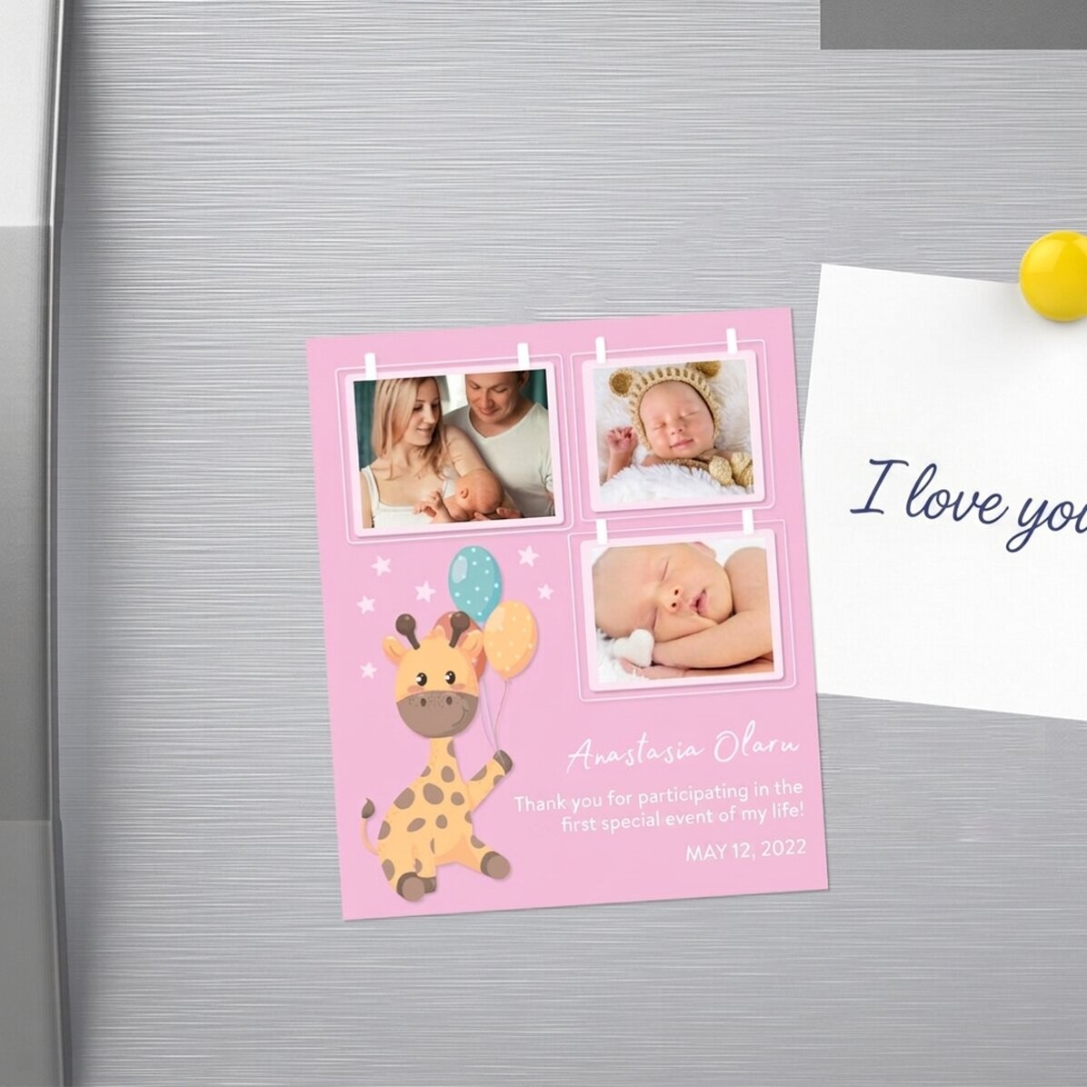 Imán personalizado de 10 x 12 cm con 3 fotos y texto - Bebé