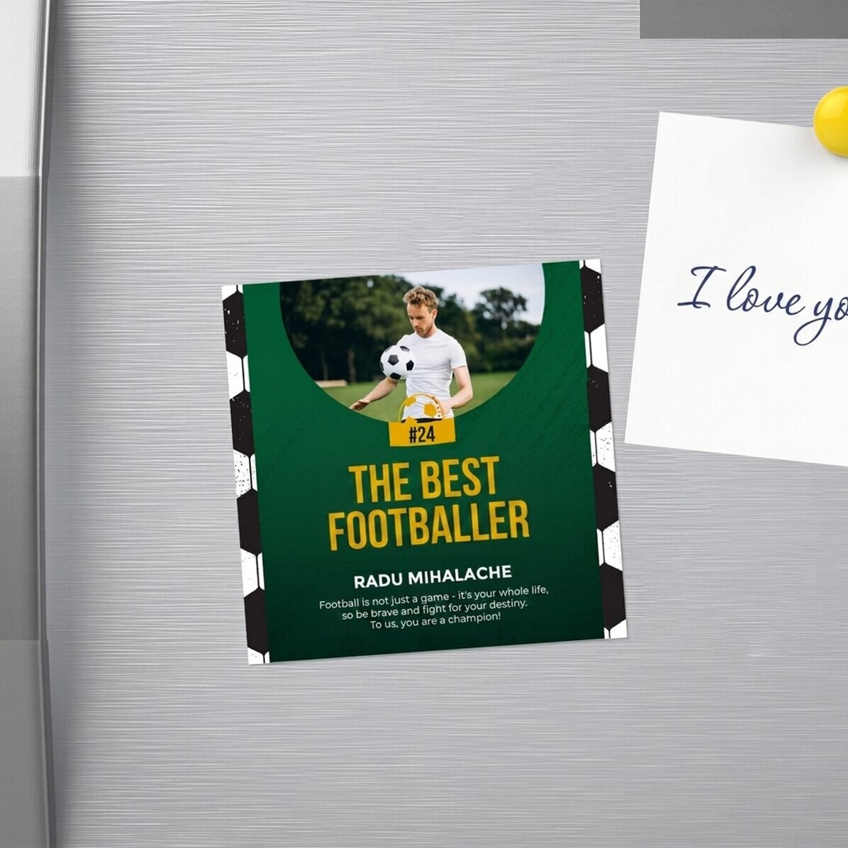 Imán personalizado de 10x10 con foto y texto - Fútbol