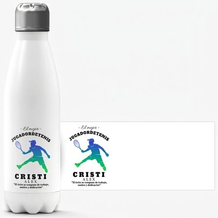 Termo con base blanca personalizado con nombre y texto - Jugador de tenis
