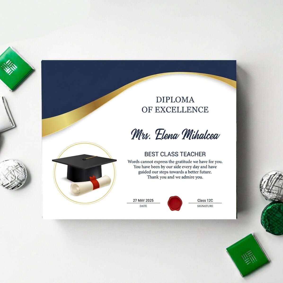 Caja de bombones personalizada con mensaje para profesores - Graduación
