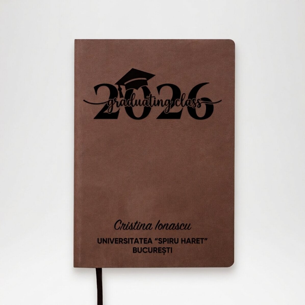 Agenda de piel personalizada con texto: «Graduación»