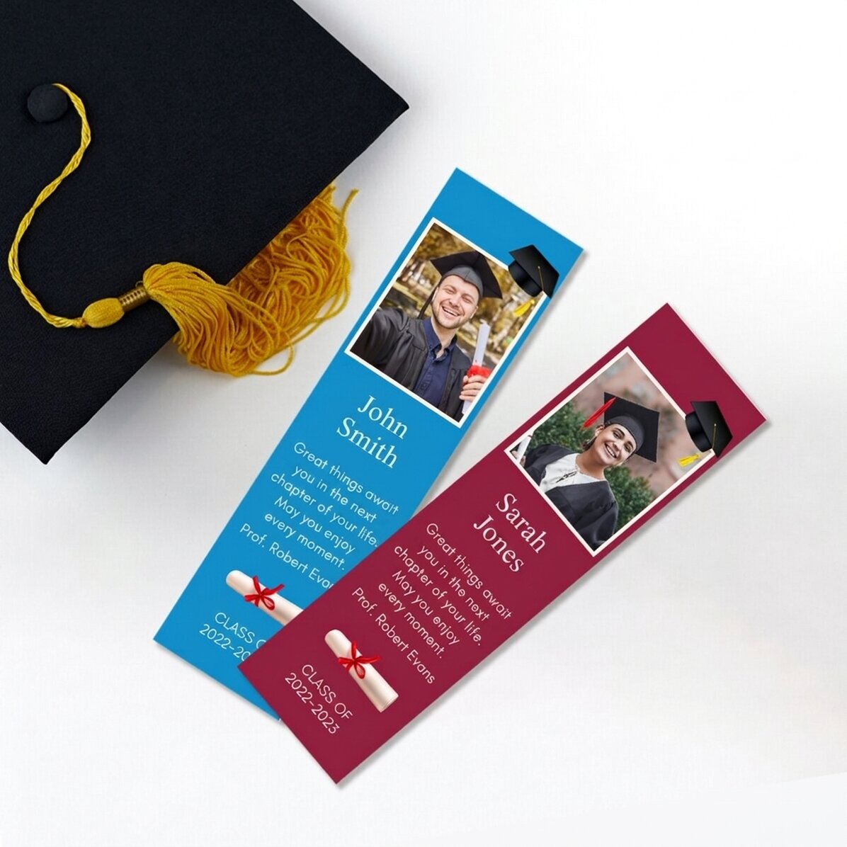 Marcapáginas personalizado con una foto y un mensaje - Graduación